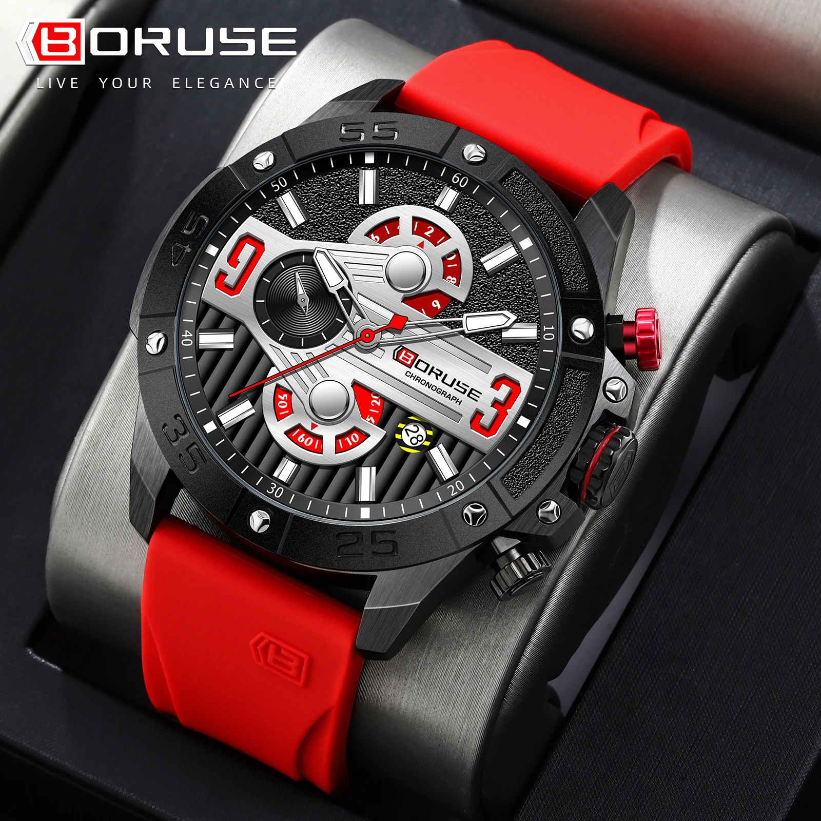 BORUSE Luxury Waterproof Sport Quartz Chronograph Military Watch Men Clock Mens Silicone Watch for Men Luminous Reloj Hombre