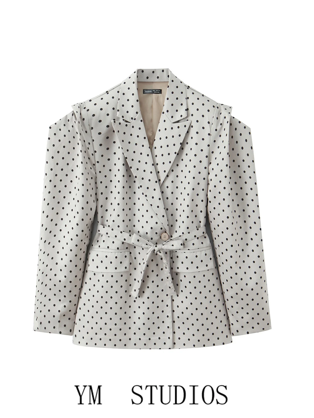 Women's Bubble Sve Suit Jaet with Belt in Office Wear Polka Dot Print Loose Fit Long Sve Single Button Closure