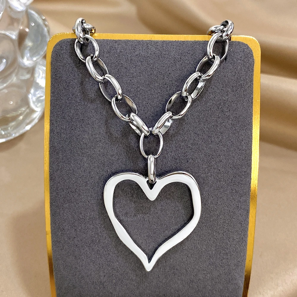 316L Edelstahl Gold Silber Farbe Halskette für Frauen Glänzend Punk Große Hohle Herz Anhänger Halsketten Valentinstag Geschenke – Detail 5