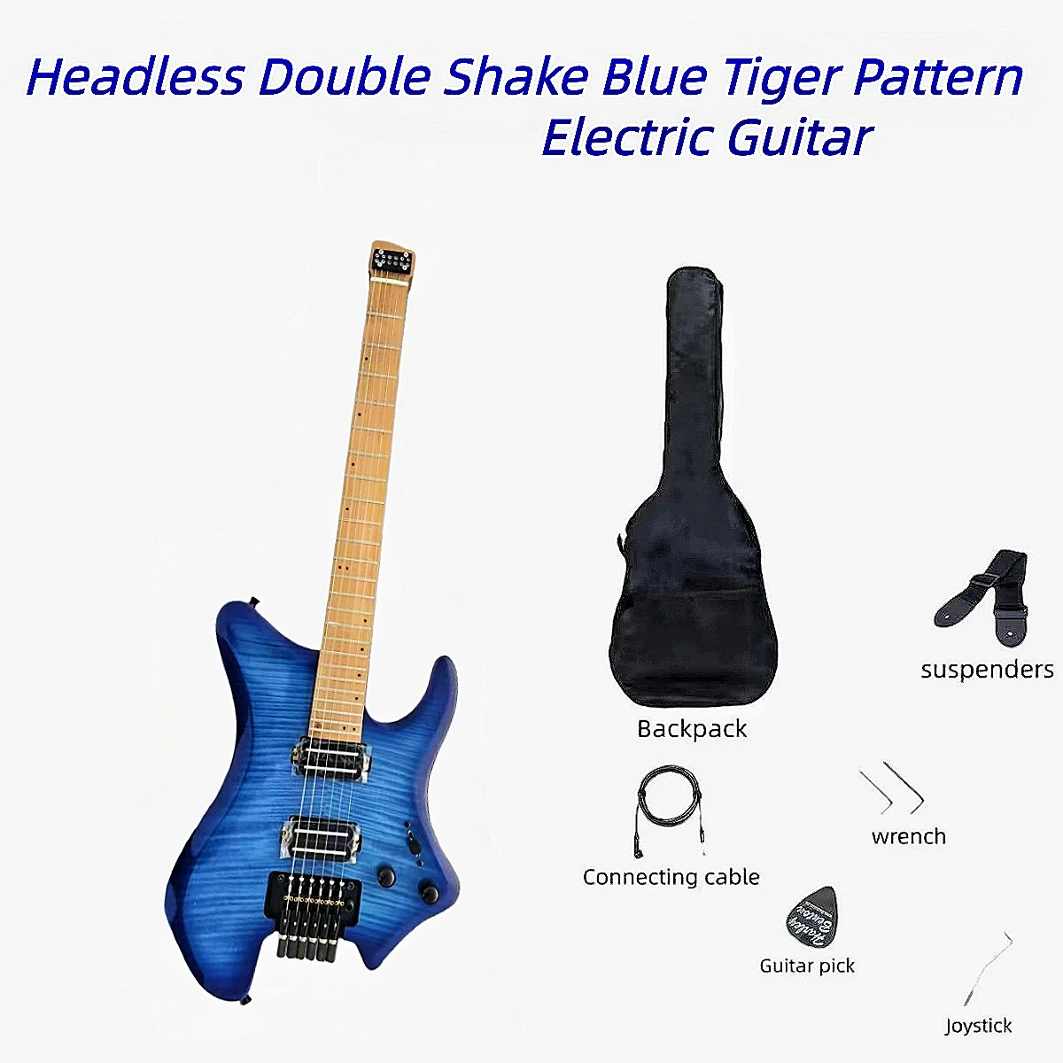 

Электрогитара Headless Double Shake с синим тигровым узором для рок-выступлений – Искренний подарок