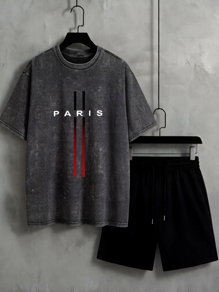

Paris Letter Creative Print Simple Washed Men T-Shirt Fashion Cotton T Shirt Soft Unisex O-Neck Clothes Summer Street Shorts Set