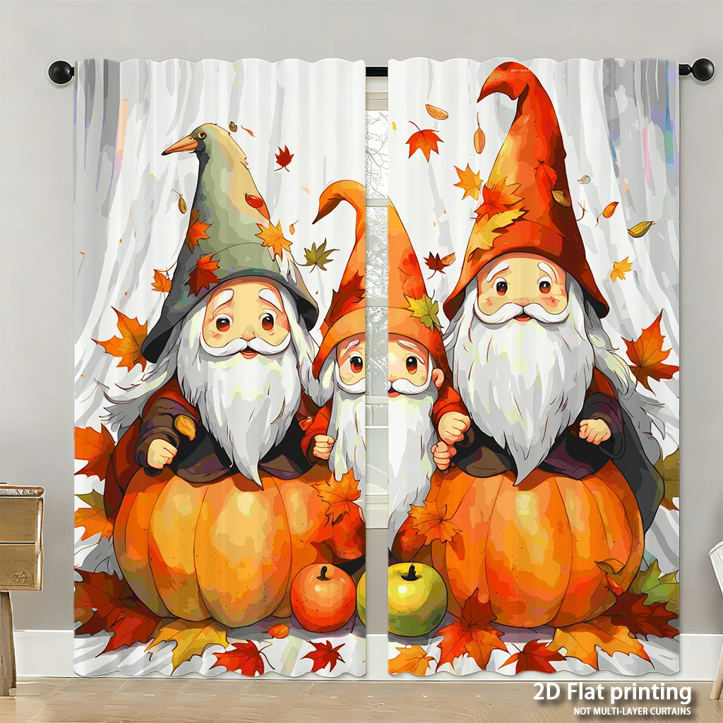 2-piece set of high-definition digital printed curtainshalloween cartoon gnomes orange pumpkins apples autumn leaves styleHome d