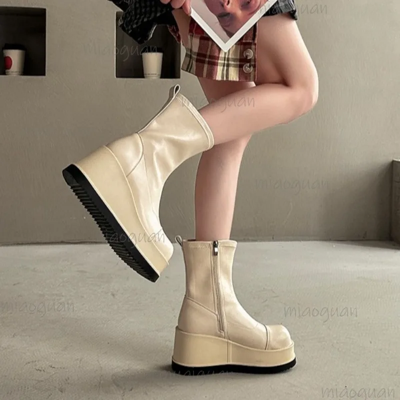 

Модные женские ботинки с круглым носком на толстой подошве, короткие ботинки в корейском стиле, черные, бежевые, кожаные, на боковой молнии, на платформе, Botas Mujer 35