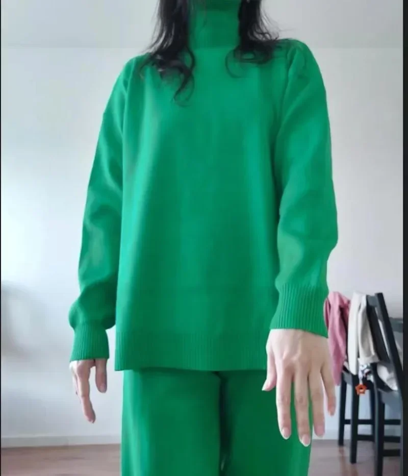 Autumn Winter Korean Fashion 2 Pieces Women Sets Knitted Tracksuit Turtleneck Sweater And Straight Jogging Pants Suits Y2k