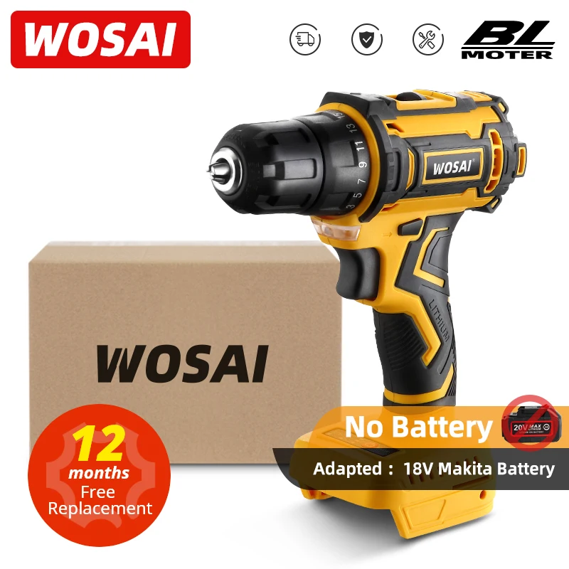 WOSAI Brushless เจาะ50NM ไขควงไฟฟ้า25 + 1การตั้งค่าแรงบิด2-ความเร็ว20V สว่านไร้สาย18V Makita แบตเตอรี่ลิเธียม