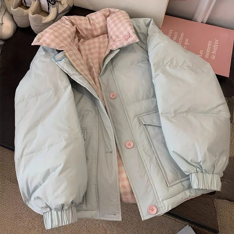 Chic Reversible Women Padded Jacket Contrast Plaid Coat Button Down Quilted Pink Buttons Winter Warm Preppy Retro Parkas
