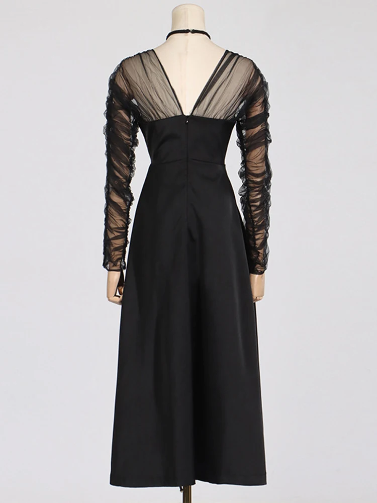TWOTWINSTYLE Solid Patchwork Mesh Dresses For Women Halter Long Sleeve High Waist Elegant Spliced Folds A Line Dress Female New