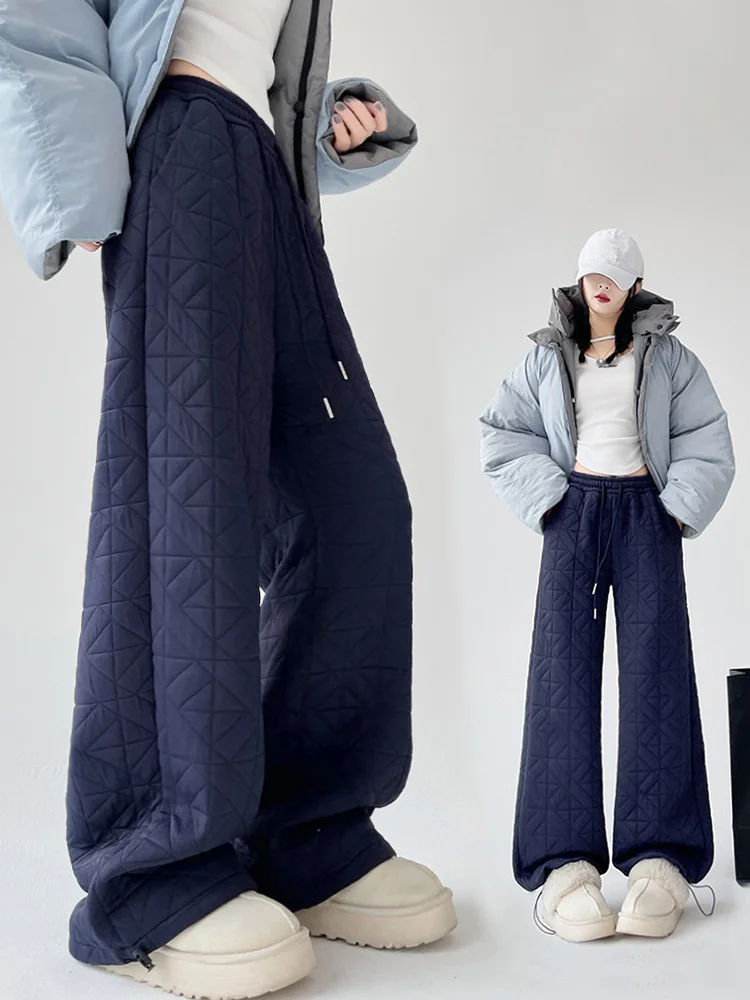 

Lazy Relaxing Thicken Rhombus Wide Leg Pants Women Winter High Waist Inner Velvet Warmth Trousers Two Wear Casual Loose Pants