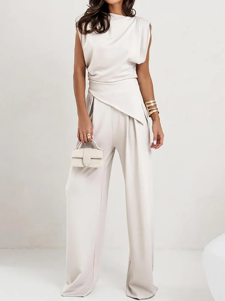 

2025 Sleeveless Wide Leg Pants Chic Outfit, Women Summer Solid Patchwork Simple Sets, O Neck Pullover Top Holiday Ladies Suits