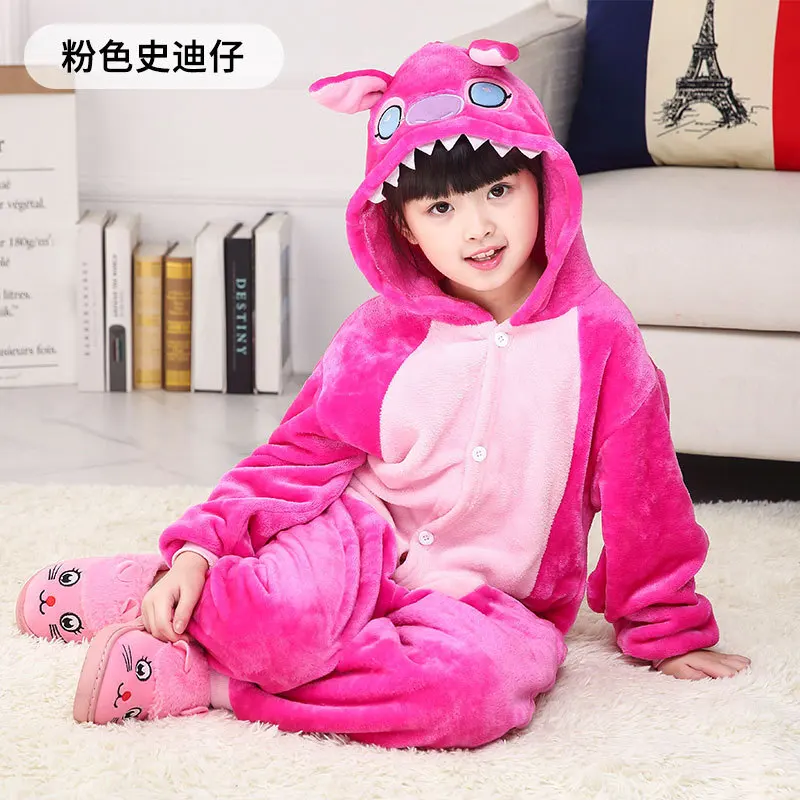 Children Stitch Cosplay Pajamas Anime Stitch Angel Costume Cute Jumpsuit Pajamas Hooded Sleepwear Halloween for Girls Boys