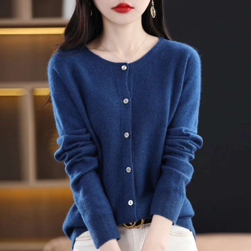 Women 100% Merino Wool Sweater New Round Collar Solid Color Knitted Cardigan Autumn Winter Casual Soft Jacket Bottoming Slim Top