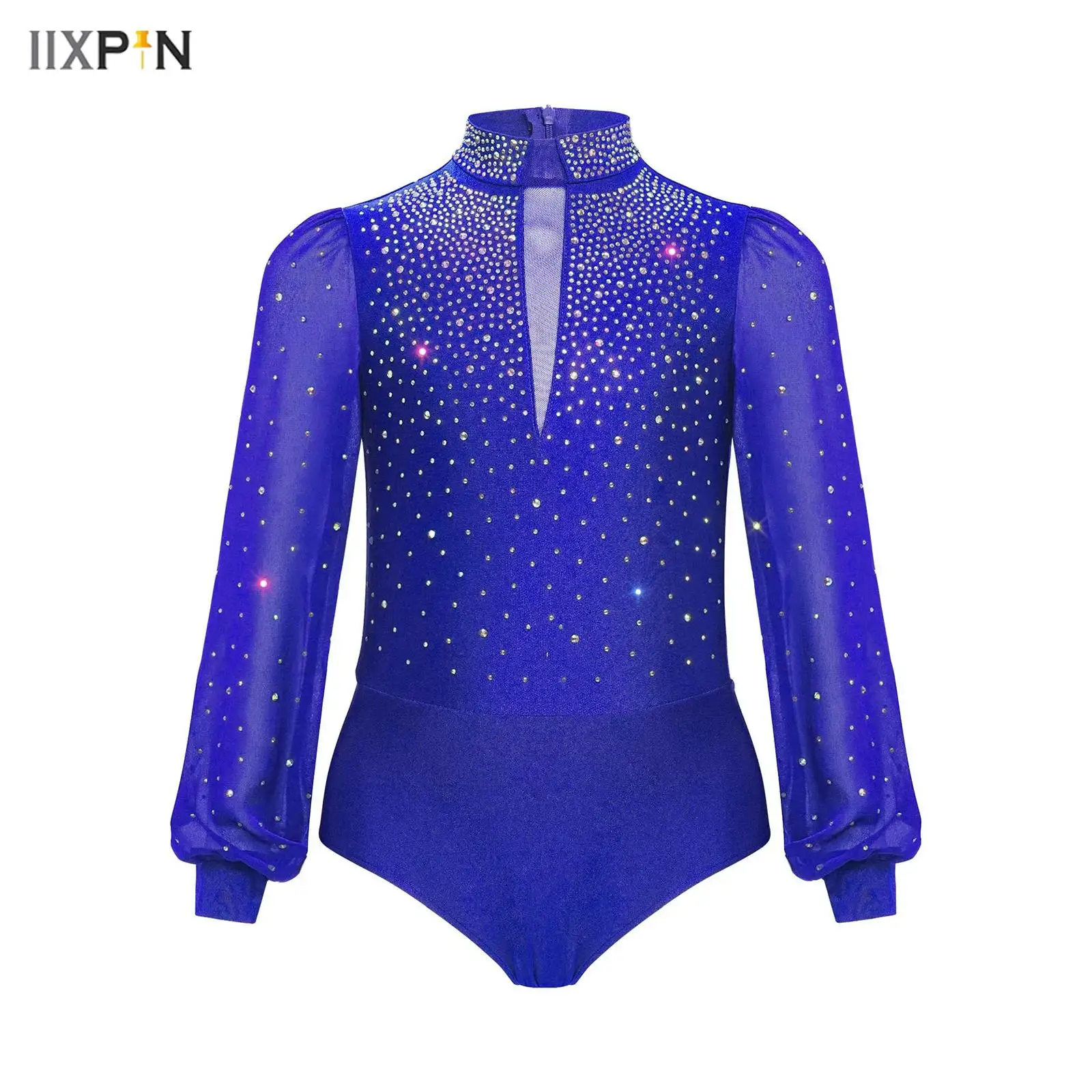

Kids Boys Figure Skating Dance Bodysuit Latin Dancewear Long Sleeve Mock Neck Rhinestone Press Button Crotch Back Zipper Leotard