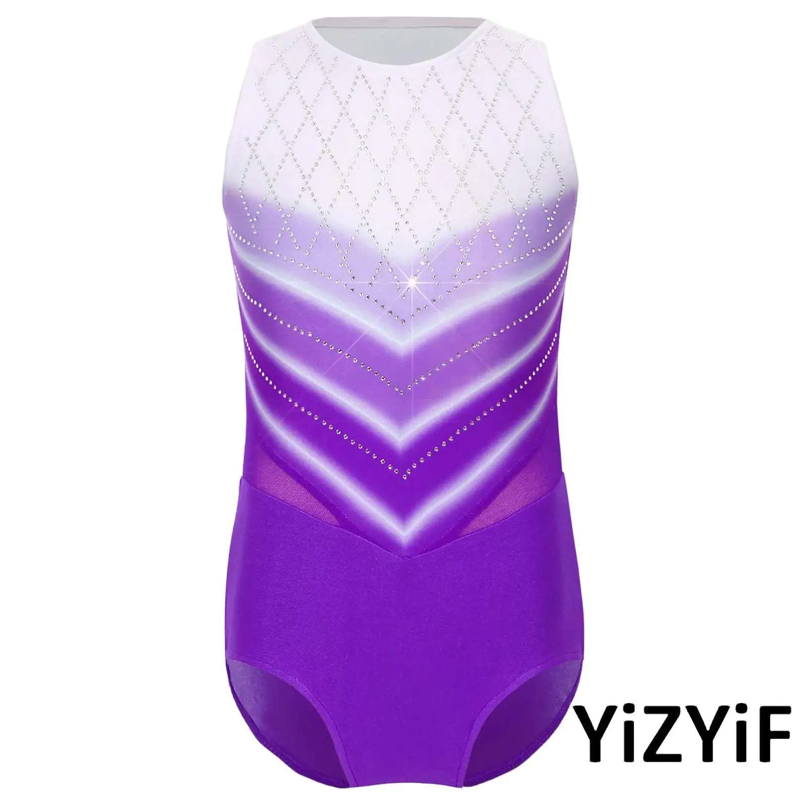

Girls Sparkling Rhinestone Dance Leotard Jumpsuit Sleeveless Gradient Color Design Ballet Dance Bodysuit for Gymnastic Yoga