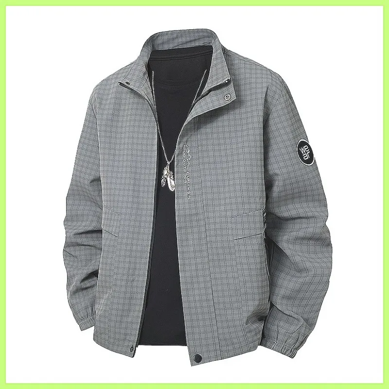 Men's Plaid Checkered Stand Collar Flight Jacket Casual Workwear Windbreaker Lightweight Autumn Vintage Streetwear Oversized