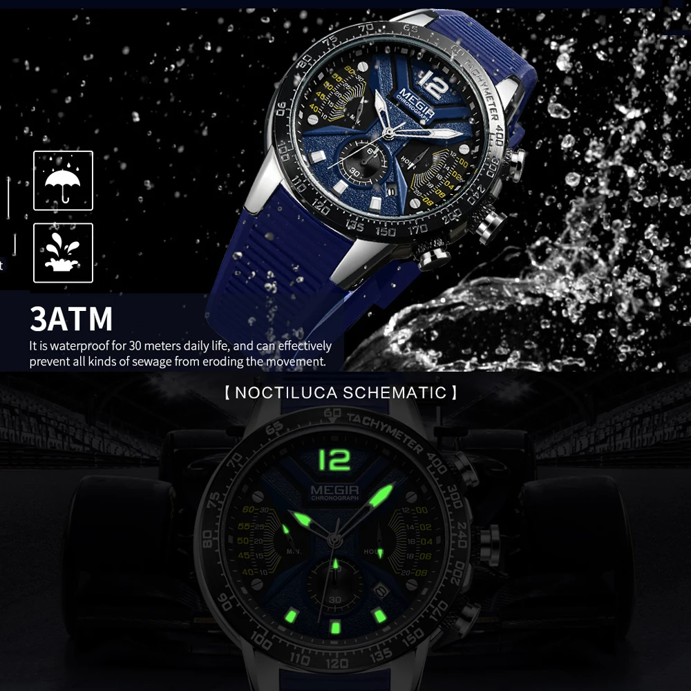 MEGIR Blue Sport Watches for Men‘s Silicone Band Chronograph Waterproof Luminous Fashion Casual Quartz Wristwatch Man 2106