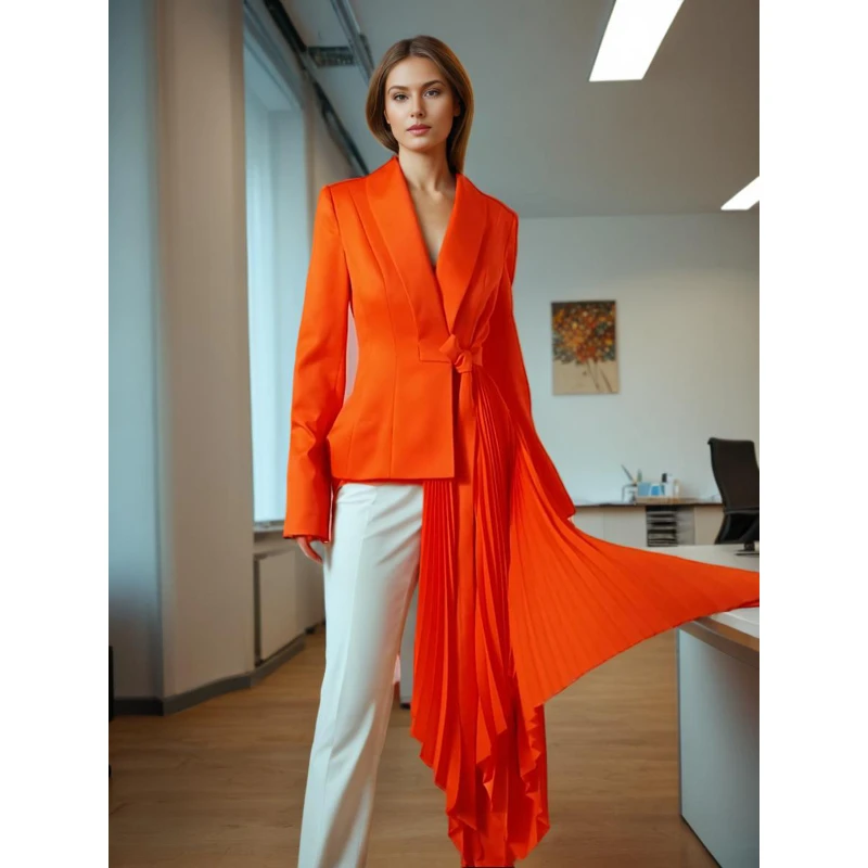 

Patchwork Pleated Tassel Asymmetrical Hem Tie Back Suit Outwear Women's Autumn Office Blazer Dopamine Color