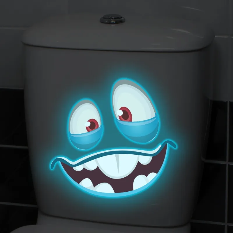 Funny Quirky Expressions Toilet Sticker Glow in The Dark Self-Adhesive Wall Decals for Bathroom Blue Light Luminous Home Decor