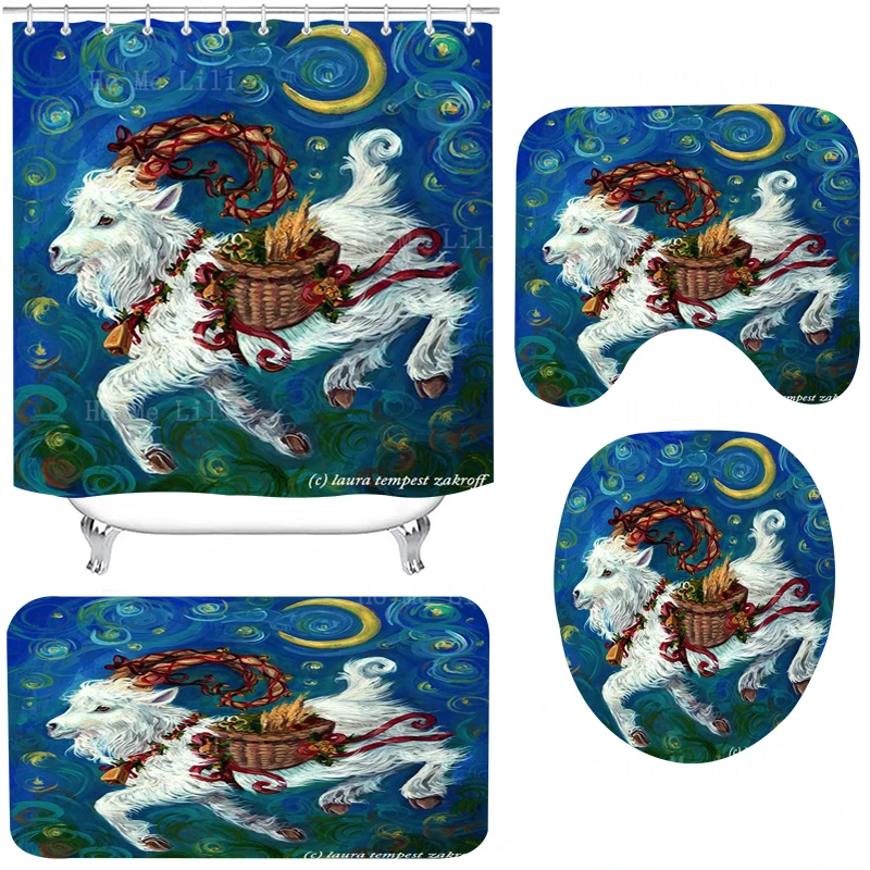 Discover The Best Art Christmas Goat To Catch The Crooked Moon Shower Curtain Sets With Rugs