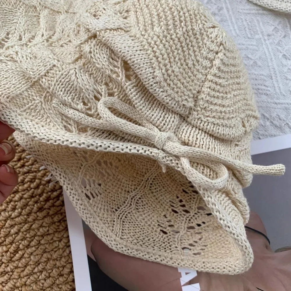 

Retro Hollow Out Crochet Bucket Hat Sun Protection Solid Color Basin Cap Soft Breathable Knitted Fisherman Hat