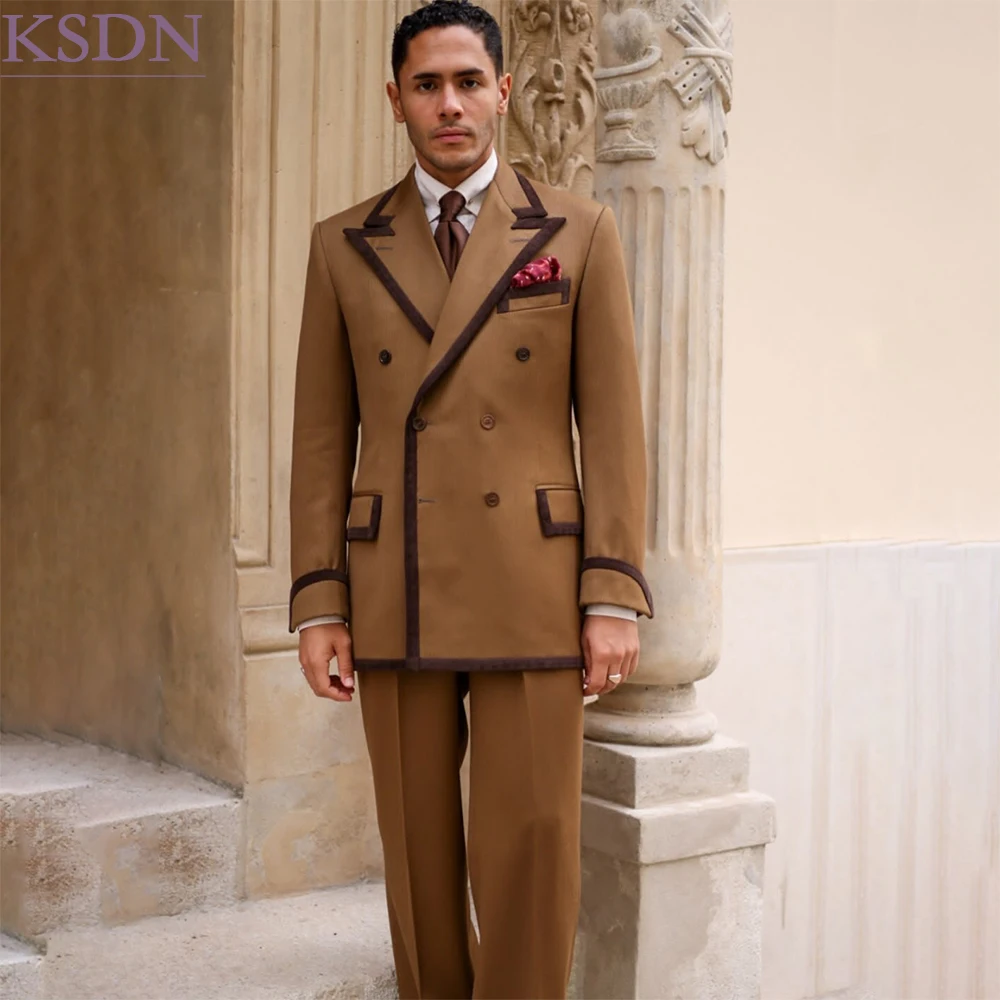 Retro Men's Suits Fashion Modern Double Breasted Peak Lapel With Piping Blazer Luxury 2 Piece Jacket Pants For Prom Party
