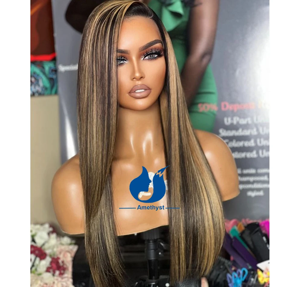 Highlight 13x4 Long Straight Lace Front Human Hair Wig For Women Pre Plucked with Bleached Knots Remy Brazilian Hair Side Part