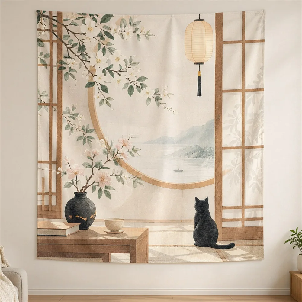 VIKAMA Hanok Window Lattice Clustered Groups Tapestry Wall Hanging, Korean Wall Art Tapestries for Living Room Bedroom Kids Room