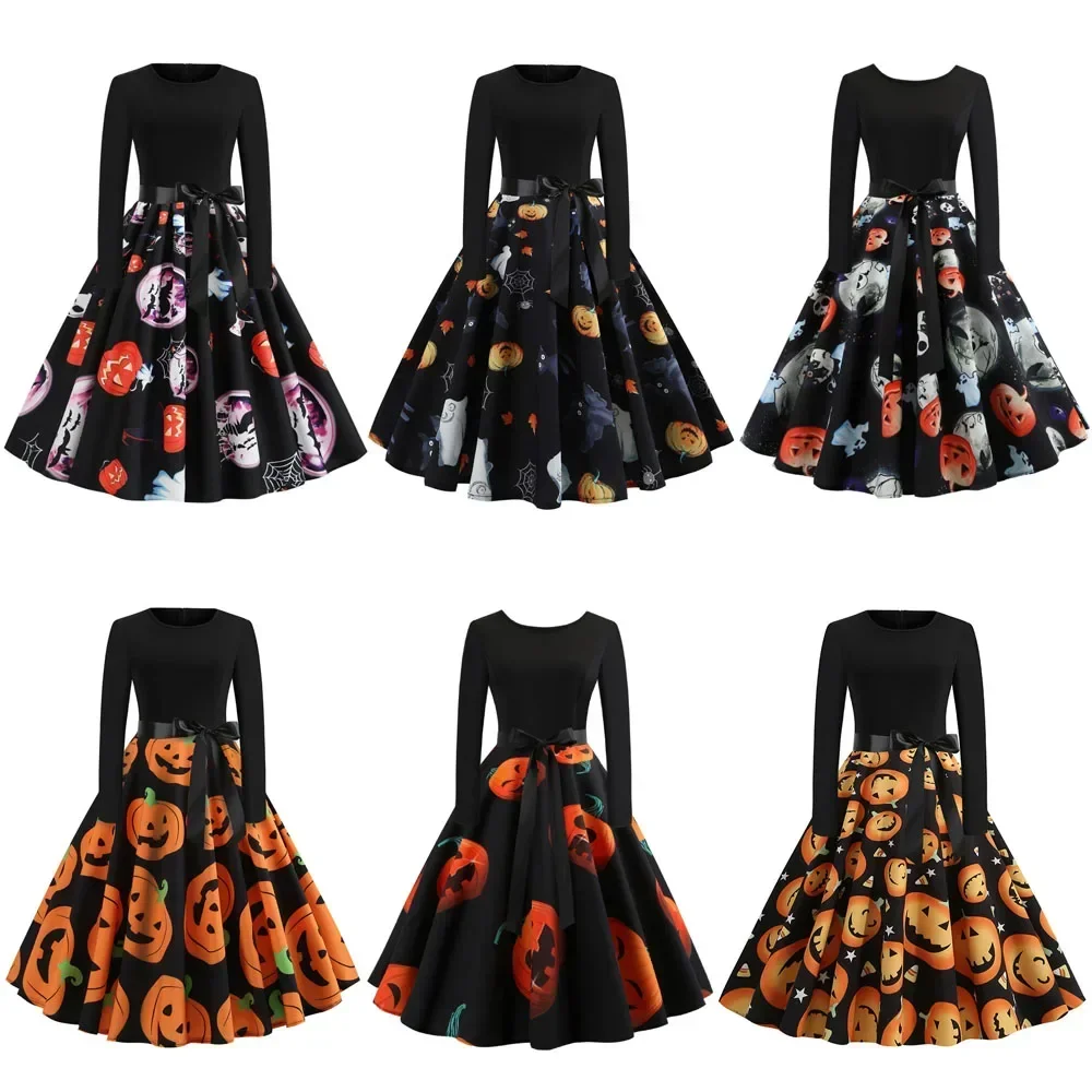 Halloween Cosplay Costumes Vintage Fashion Pumpkin Pattern Womens Dresses Long Sleeve Princess Dress Halloween Carnival Party