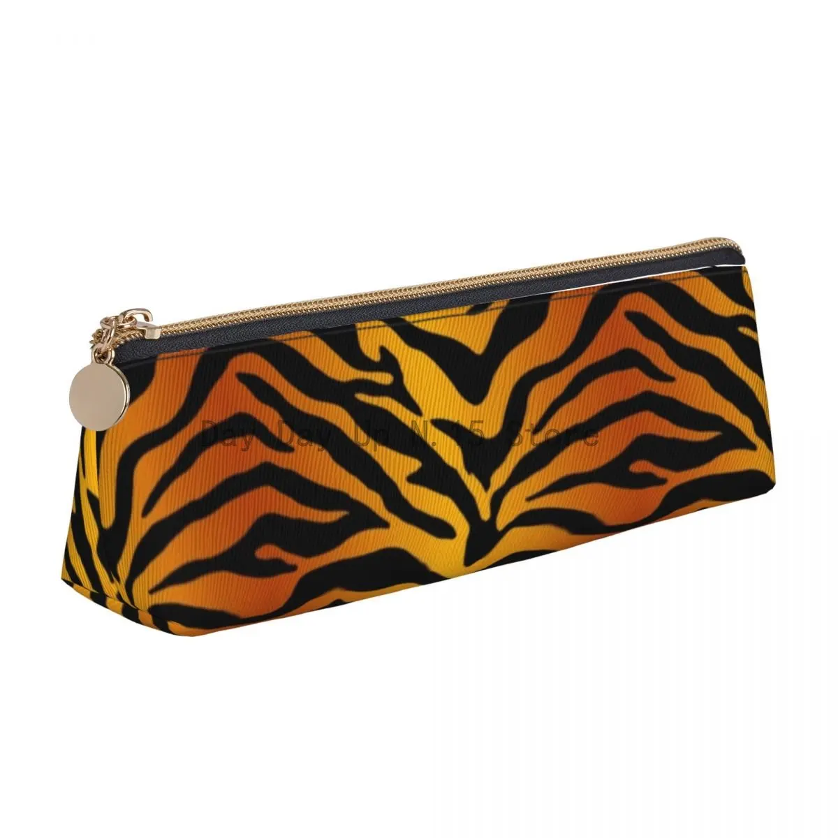 

Tiger Stripes Yellow Leather Pencil Case Animal Print Elementary School Teenager Zipper Pencil Box Fashion Triangle Pen Bags