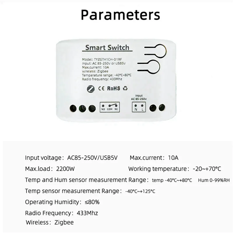 B04B-2X Tuya Zigbee 1-voudige slimme schakelaar met temperatuur-vochtigheidssensor, Tuya Smart Life APP, AC85-250V