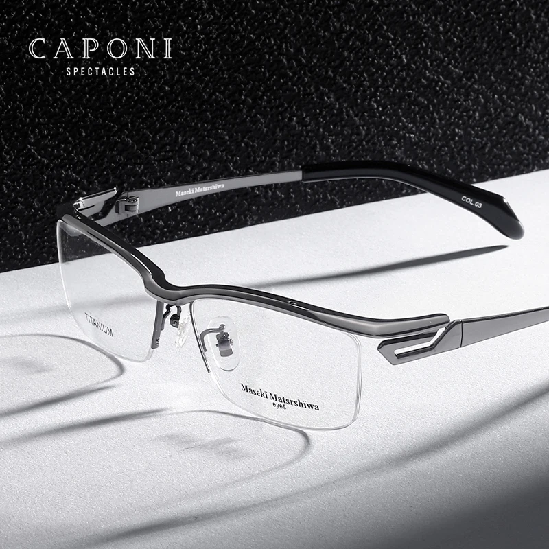 CAPONI 100% Pure Titanium Glasses For Men Semi-Rimless Frame Anti-Blue Light UV400 Eye Glasses Original Brand Spectacles JF1194