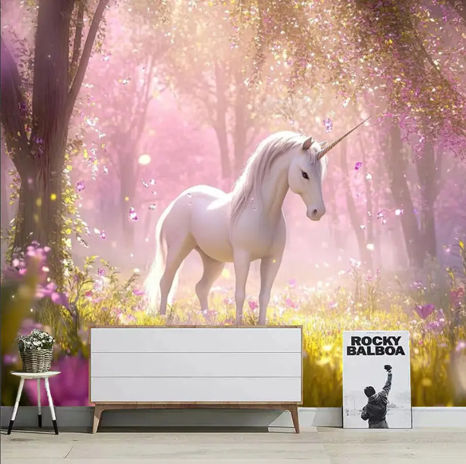 Custom size wallpaper fantasy pastoral flowers and animals unicorn mural children's room kindergarten decoration painting mural