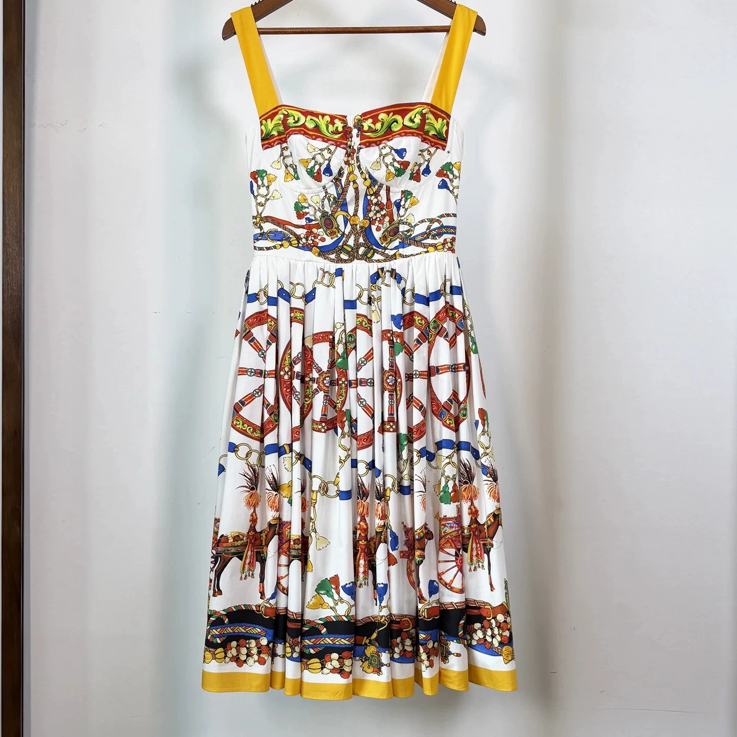 

Summer Holiday Elastic Vintage Print Midi Dress Women's Spaghetti Strap Cup Padded A-Line Dress Spring New Outfit Woman Clothes