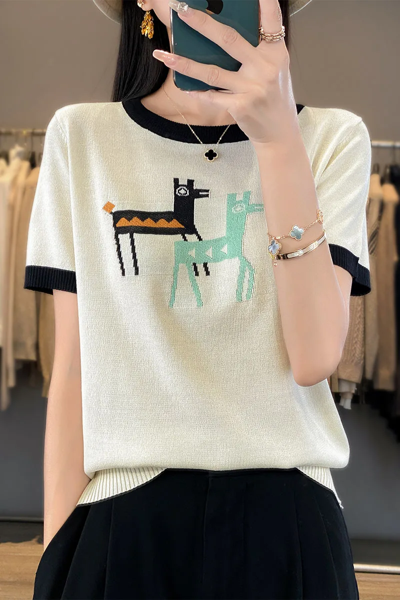 Summer New Ice Silk Short sleeved T-shirt Women\'s Fashionable Round Neck Jacquard Pony Contrast Knitted Shirt Top Thin