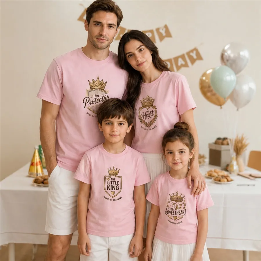 King Queen Crown Family Matching T‑Shirt, 100% Cotton Fashion Dad Mom Son Daughter Graphic Tee for Birthday Party