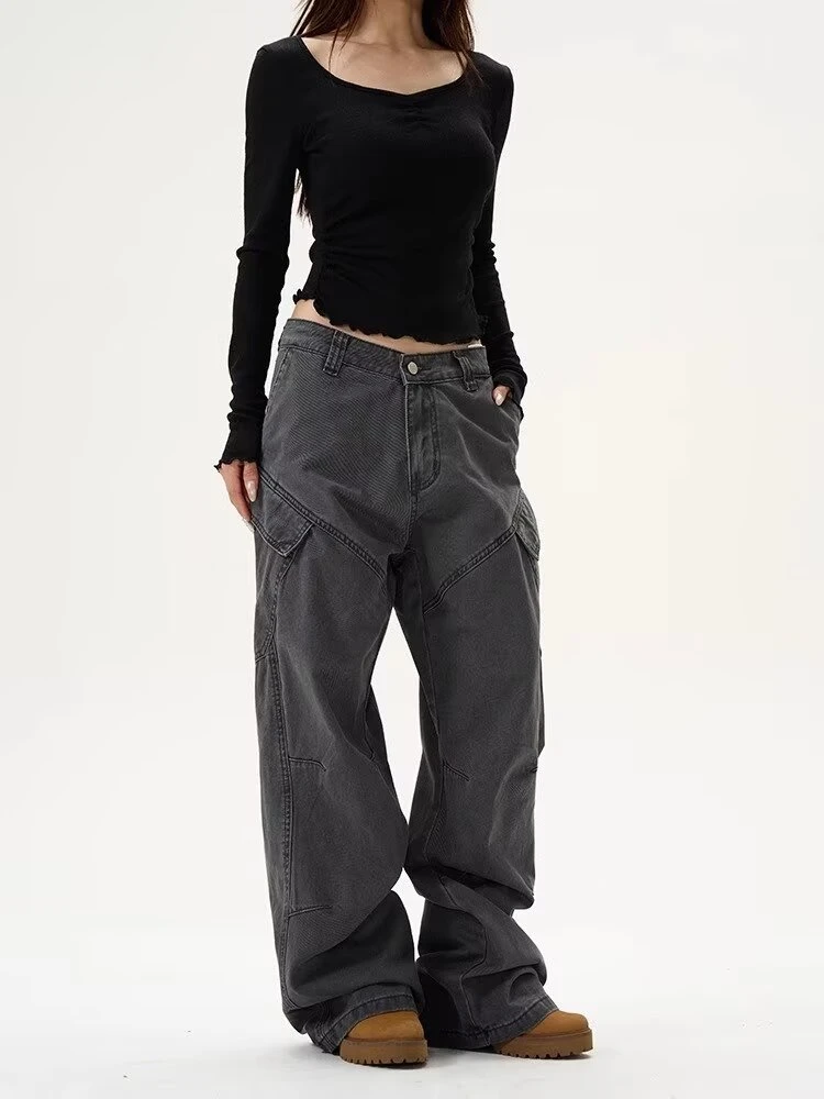 Women's Side Pocket Design Unisex Casual Pants High Waisted Straight Vintage 90s Streetwear Female Casual Loose Trouser