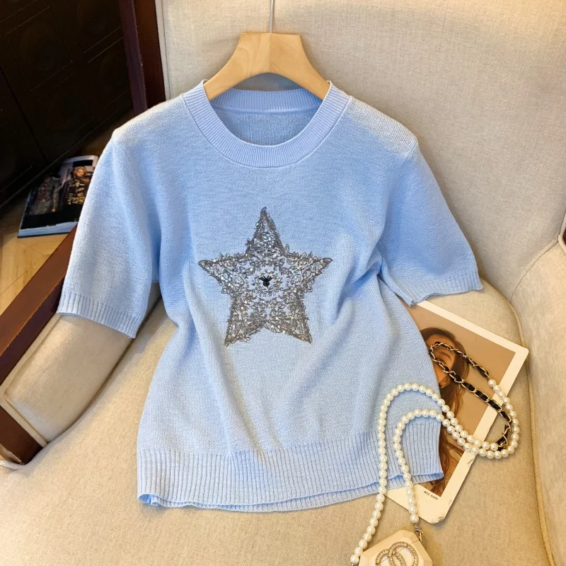 

Summer Embroidery Star Decoration Short Sleeve Knit T-Shirt Women's Crew Neck Casual Versatile Graphic T Shirts Tops Ladies Tees