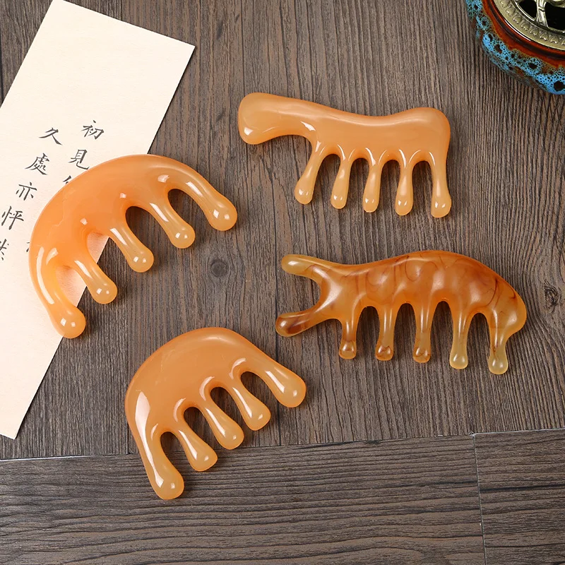 

5 Teeth Head Acupoint Massage Comb Resin Big Teeth Big Teeth Meridian Blood 5-Paw Half Round Shap Comb for Stress Relief