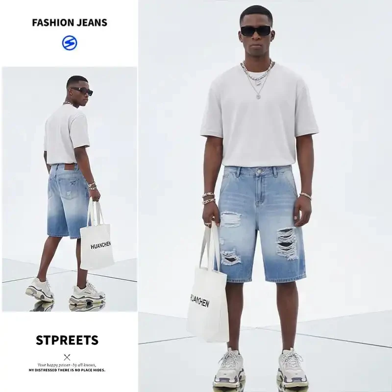 

2026 Summer Ripped Denim Shorts for Men, Knee Length, American Retro Style, High Street Style, Plus Size, Loose Fit, Casual Stre