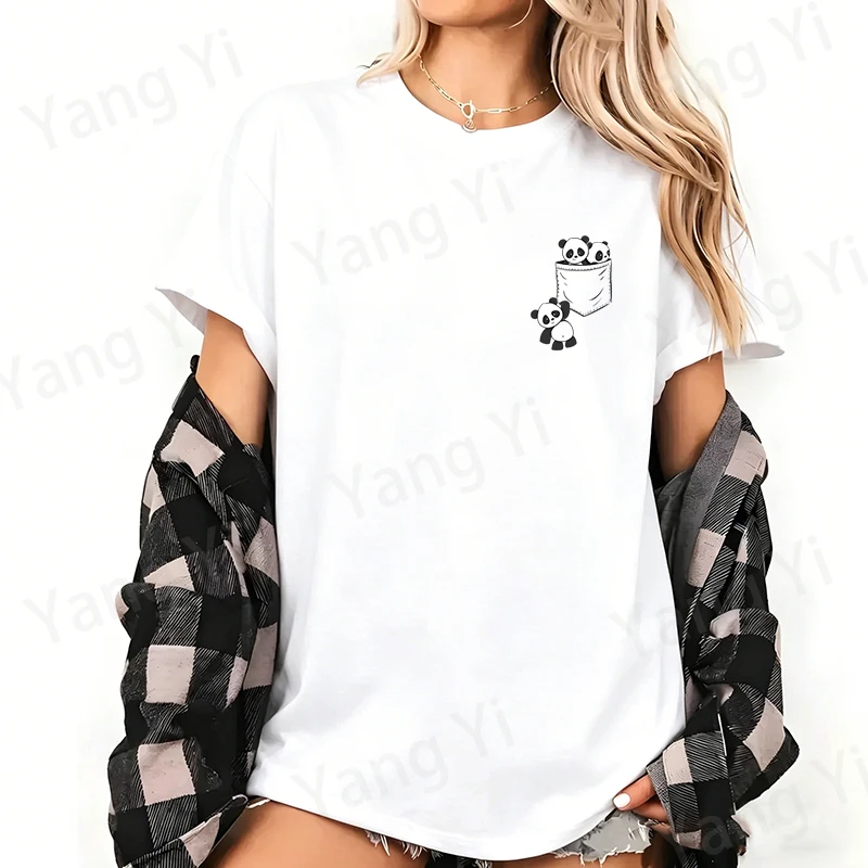 Hot Fake Pocket Panda Pattern Print T-shirt Summer Casual Loose Cotton T Shirt Women Men Harajuku Shirt Street Fashion Tee Tops