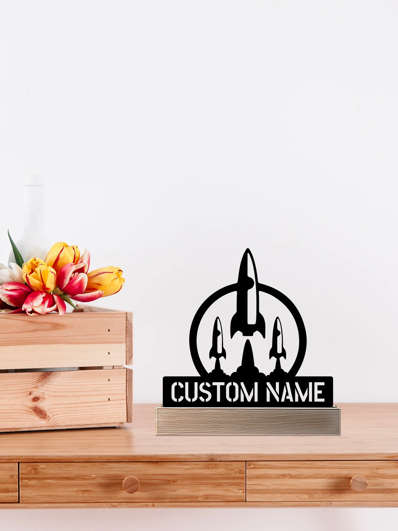 1pc Modern Rocket launch Custom Name Metal Statue Metal Ornament With Wood Base Iron Sculpture Handicraft With Wood Base