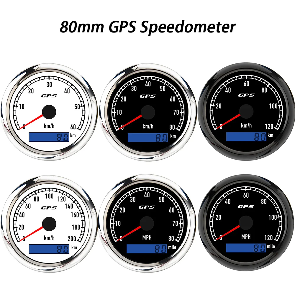 Rhaxel 80mm GPS Speedometer 0-60KMH 80K 120KM/H 200K 0-80M 120MPH Odometer Gauge with 7 Colors Backlight 12V 24V for Car Racing