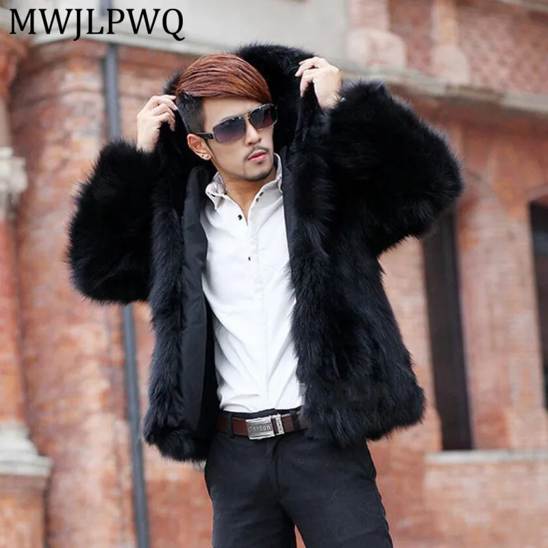 

MWJLPWQ Autumn Winter Men's Faux Fox Fur Short Leather Coat Long Sleeve Thickened Warm Fashion Casual Hooded Jacket Chic 15800