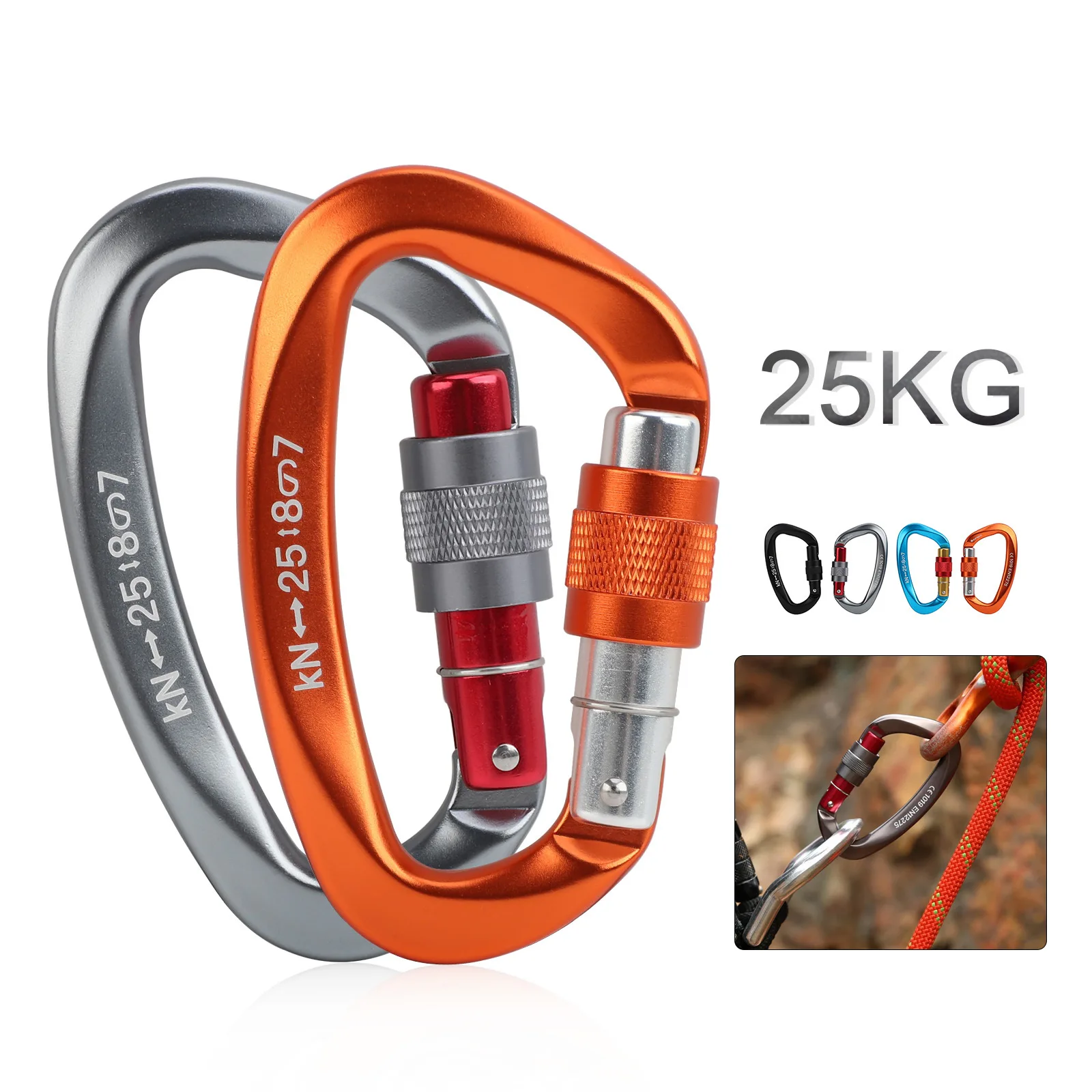 25KN D-form Professionelle Karabiner Schraube Locking Tor Karabiner Klettern Abseilen Getriebe Schnelle Ausrüstung Outdoor EDC Werkzeuge