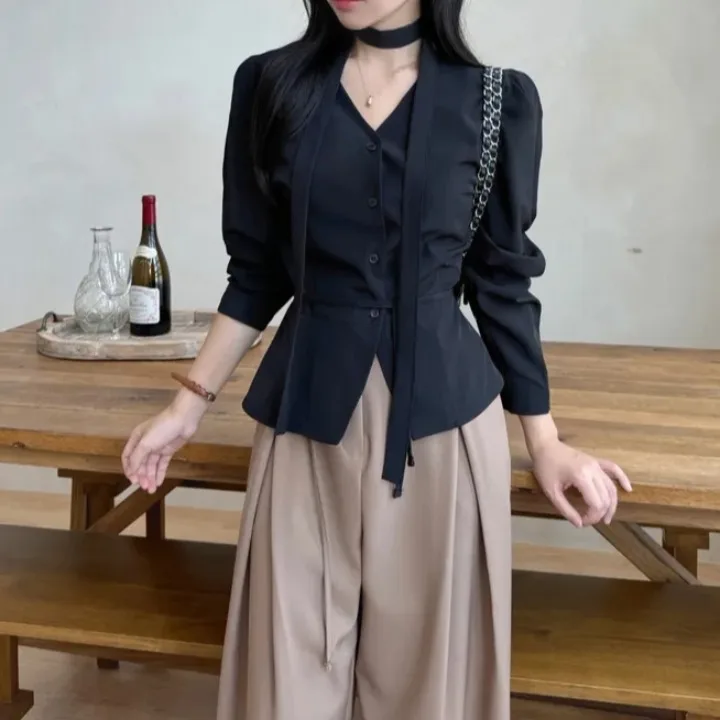 Ele V-ne Long Sve irt Damen Chic Spring Faion Single Button Ne Hängende Taille Cinching Vielseitiger Damen irt