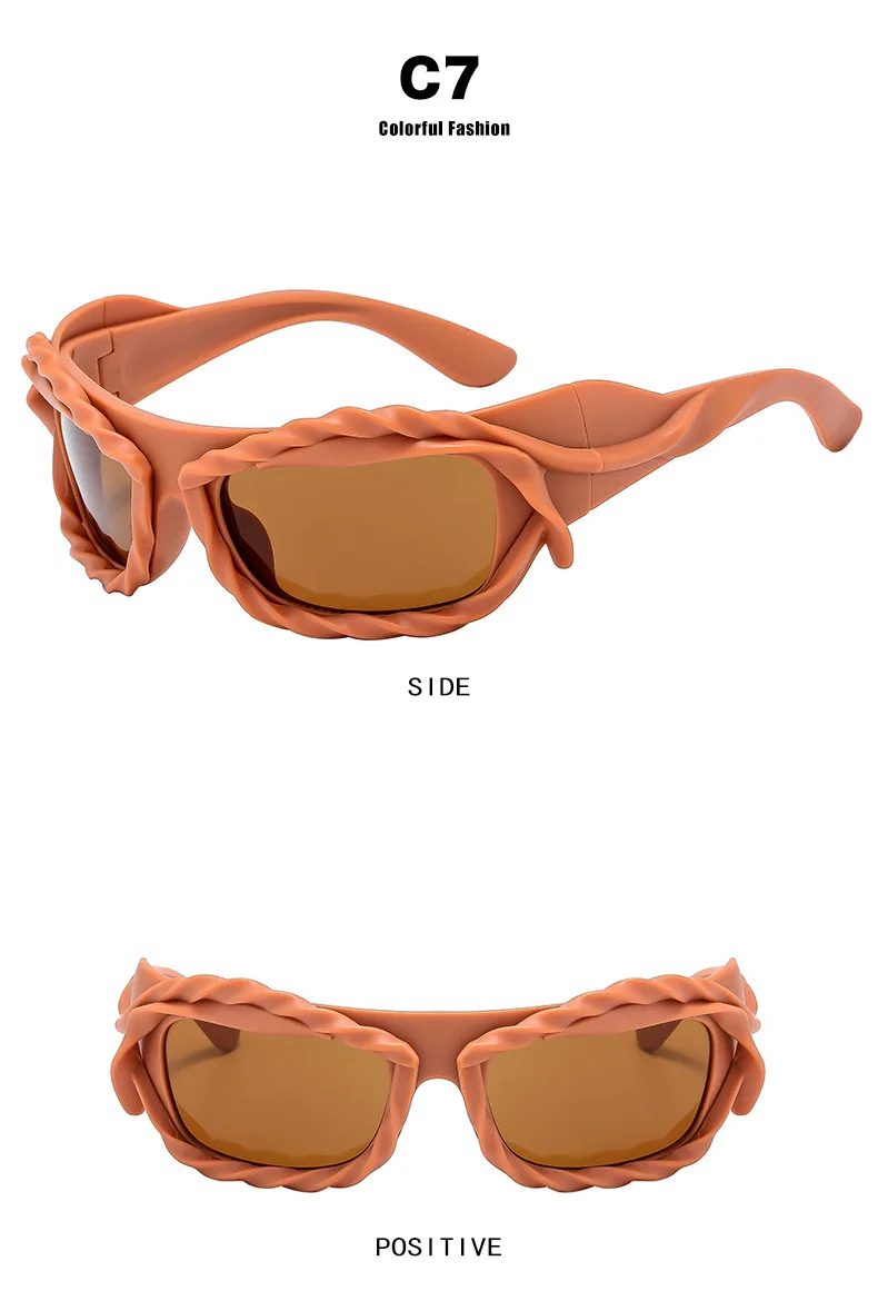 Einzigartige Hip-Hop-Y2K-Sonnenbrille für Damen und Herren, neue Sport-Sonnenbrille mit gedrehtem Design, Party-Sonnenbrille für Frauen, silberne Retro-2000er-Brille – Detail 13