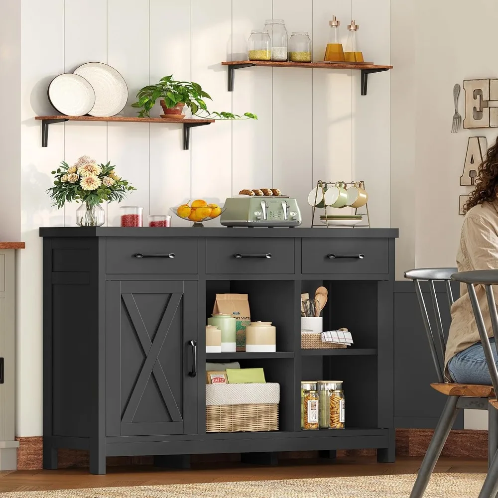 Coffee Bar Cabinet with 3 Drawers, Farmhouse Buffet Cabinet