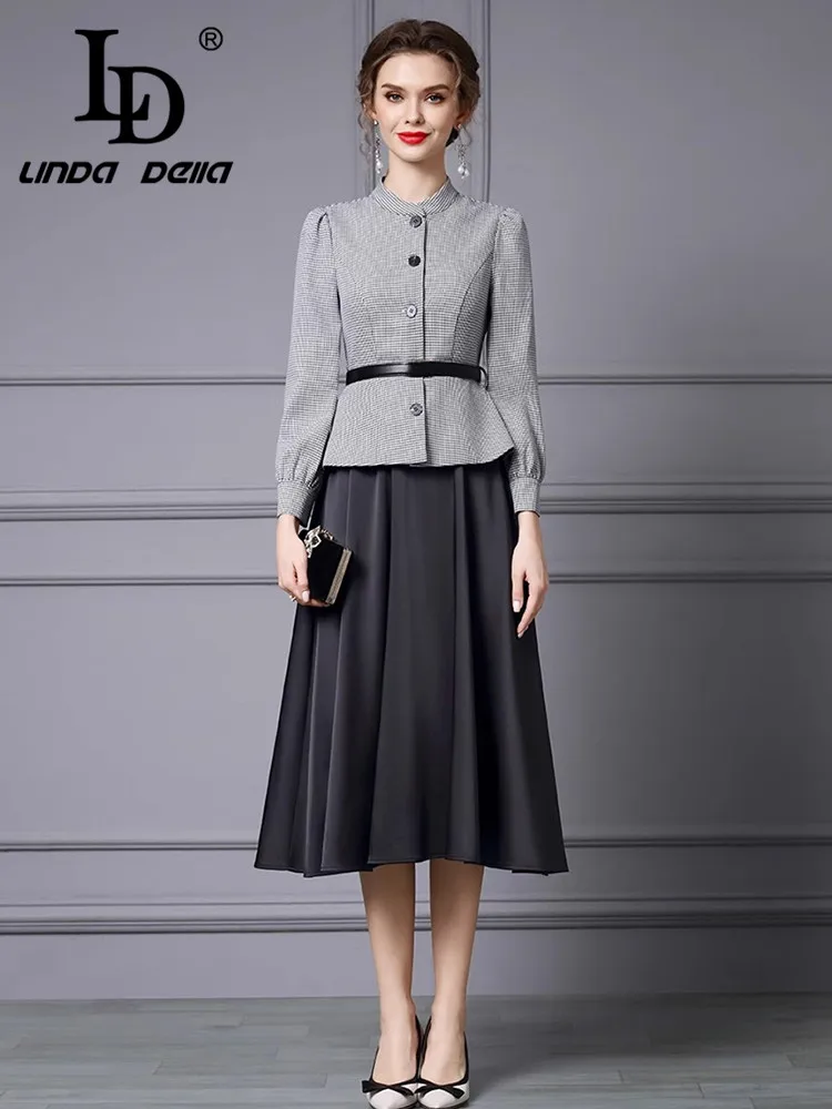 Ld linda della design feminino de alta qualidade gola manga comprida cetim retalhos falso vestido de duas peças com faixas de cintura alta