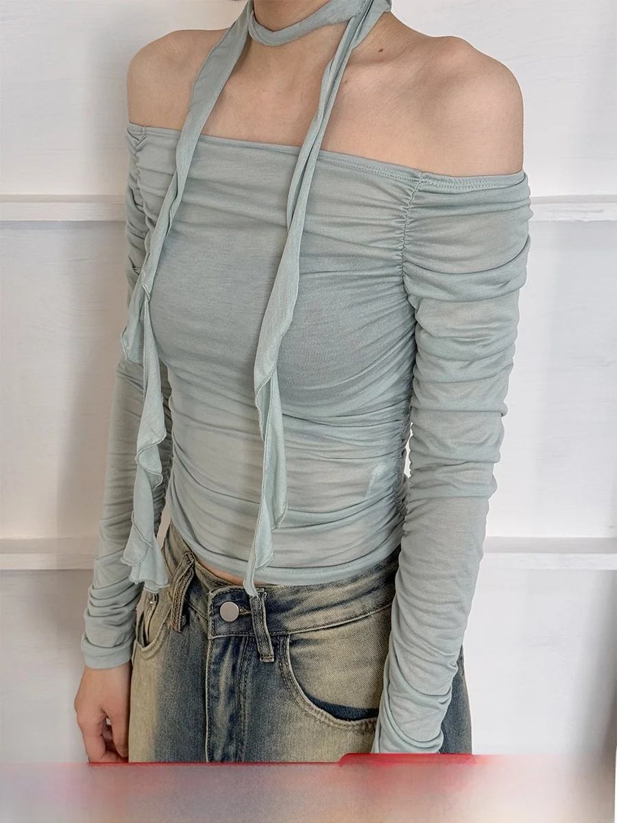 

VintageTang American Sle Long Sve плиссированное облегающее платье на одно плечо с колом для молодых женщин в их 20-х годов