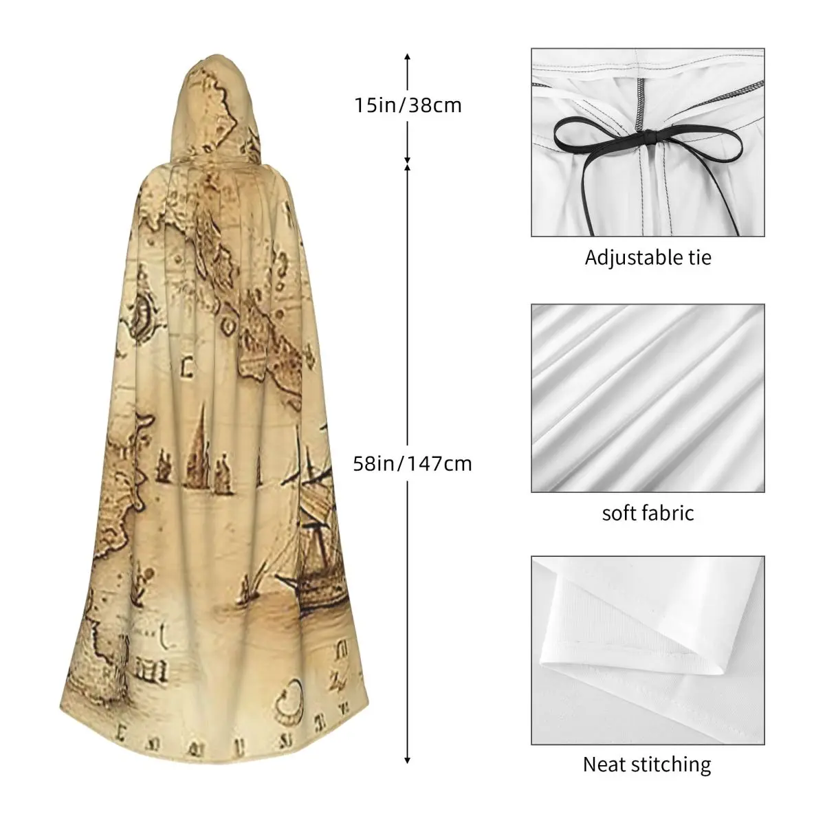 Vintage Pirats Map Pattern Long Hooded Cloak Witch Medieval Costume Cosplay Cape HalloweenVampire Adult Unisex