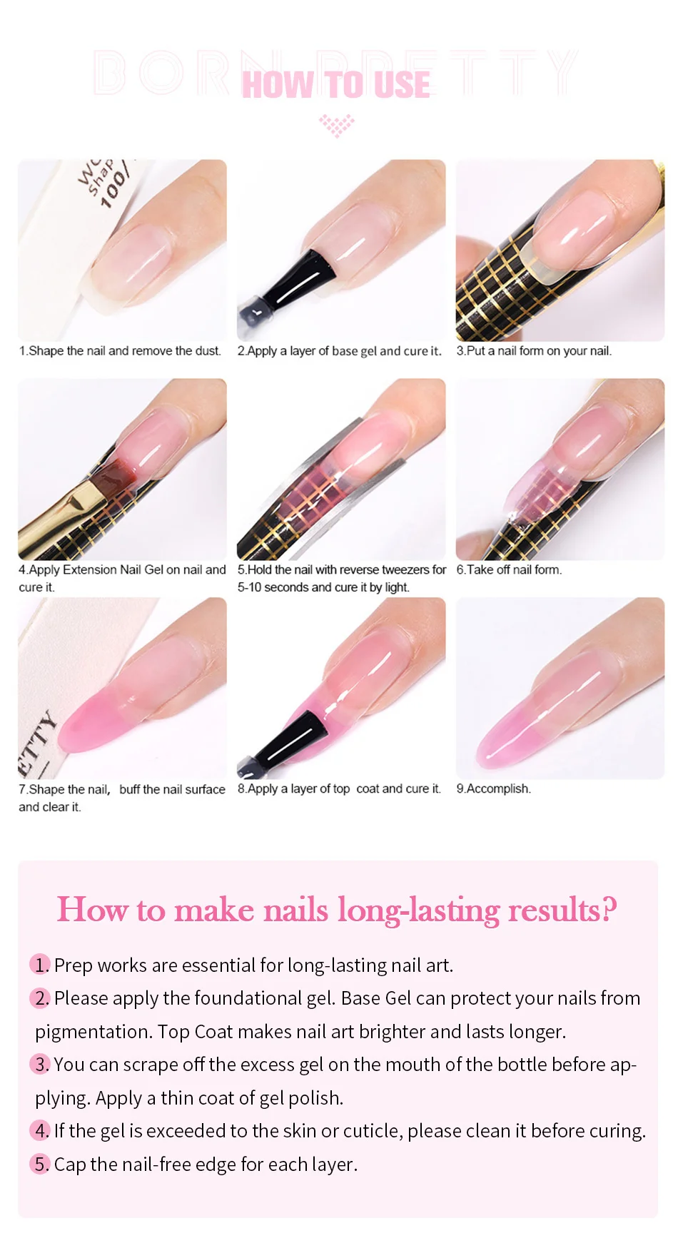BORN PRETTY 60 ml klares Nagelverlängerungsgel, Acryl-UV-Gel, Soak Off Crystal, schnelle Verlängerung, Finger, hartes Gel, Nagelspitzen, Maniküre – Detail 8